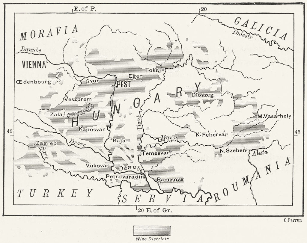 HUNGARY. Vineyards wine districts of, sketch map c1885 old antique chart